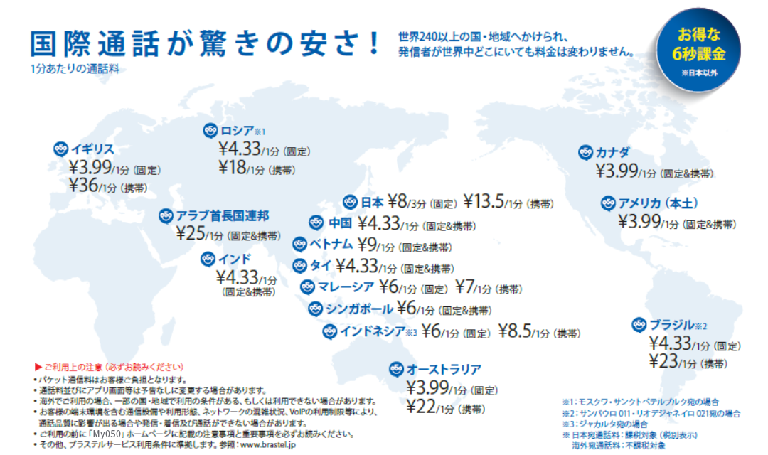 ベリーモバイルのMy050では、国際通話が驚きの安さ。お得な6秒課金です